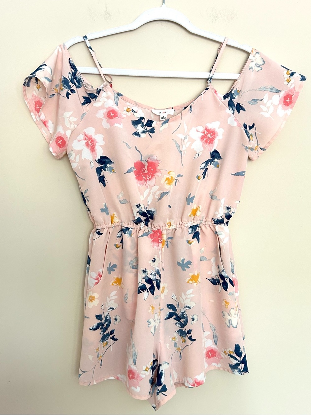Mine Women’s Blush Pink Floral Cold-Shoulder Romper with Pockets